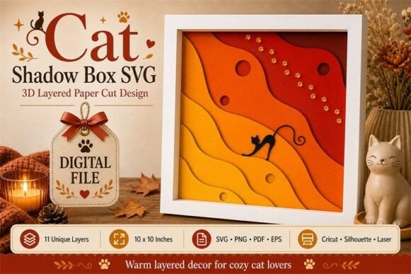 Cat Shadow Box SVG: 11-Layered Paper Art for Modern Decor