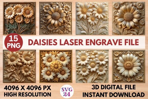 Daisies Laser Engrave File: 3D Ready-to-Print PNG for Crafters