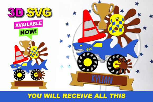 Shark Monster Truck Cake Topper 3D SVG Collection